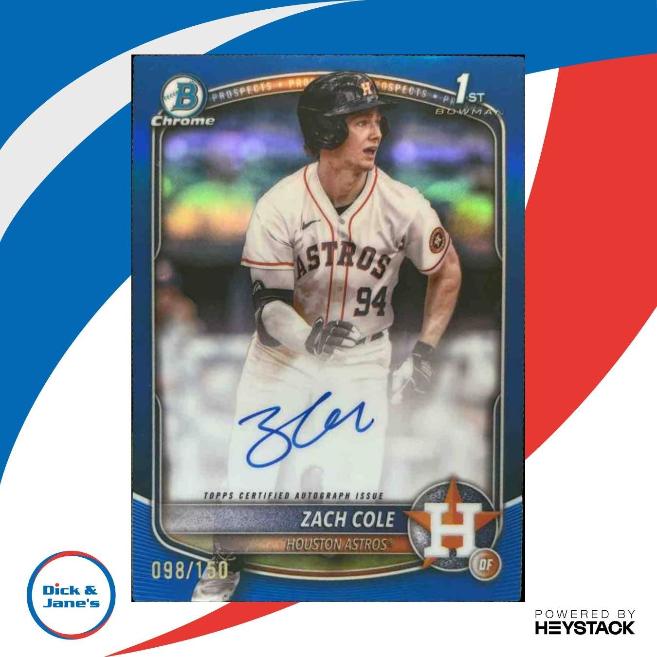 2025 Bowman Chrome Zach Cole Auto Blue Refractor 98/150 1st Prospect Astros
